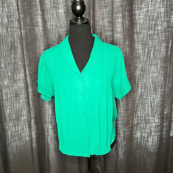 Chaus 80’s Kelly green pleated button front blouse Size 8 - Picture 1 of 6
